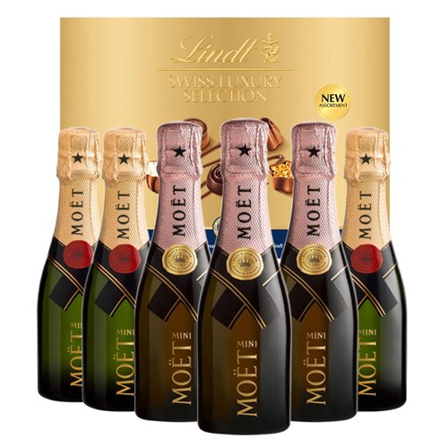 Mini Champagne Moet Brut and Moet Rose 20cl Case of 6 with Lindt Swiss Tradition Chocolates 193g